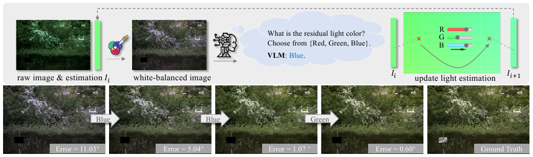 White-Balance First, Adjust Later: Cross-Camera Color Constancy via Vision-Language Evaluation motivation figure